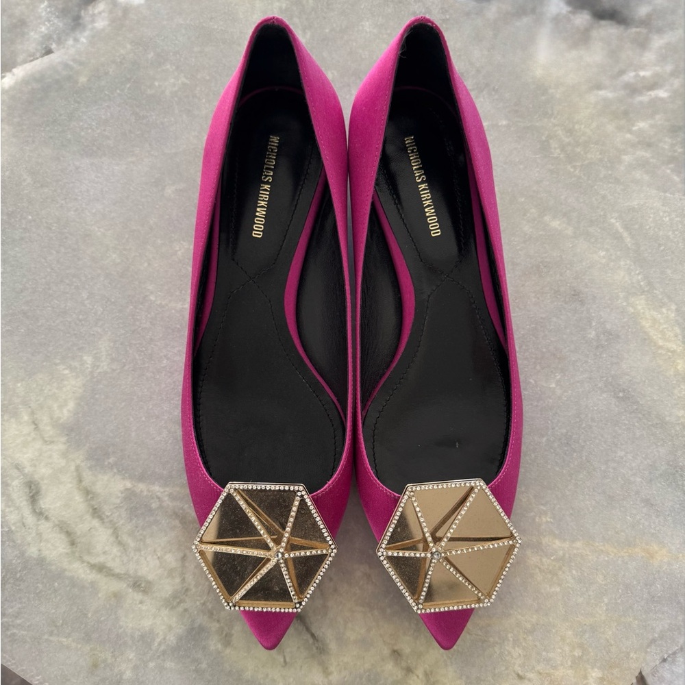 Nicholas Kirkwood Satin Fuchsia with Gold Embellishment Flats